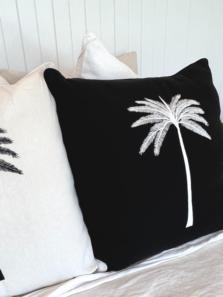 Grand Palm Cushion - White Palm on Black