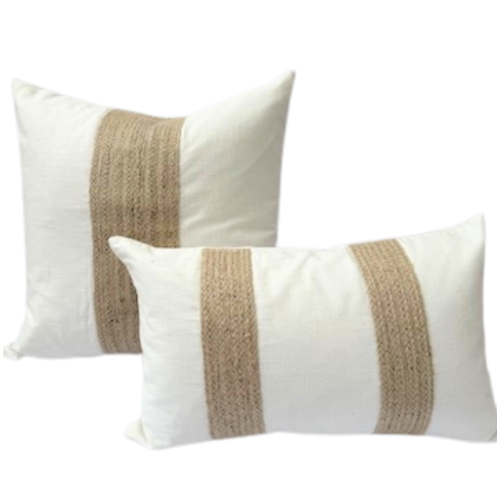 Two white cushion with brown stripes.