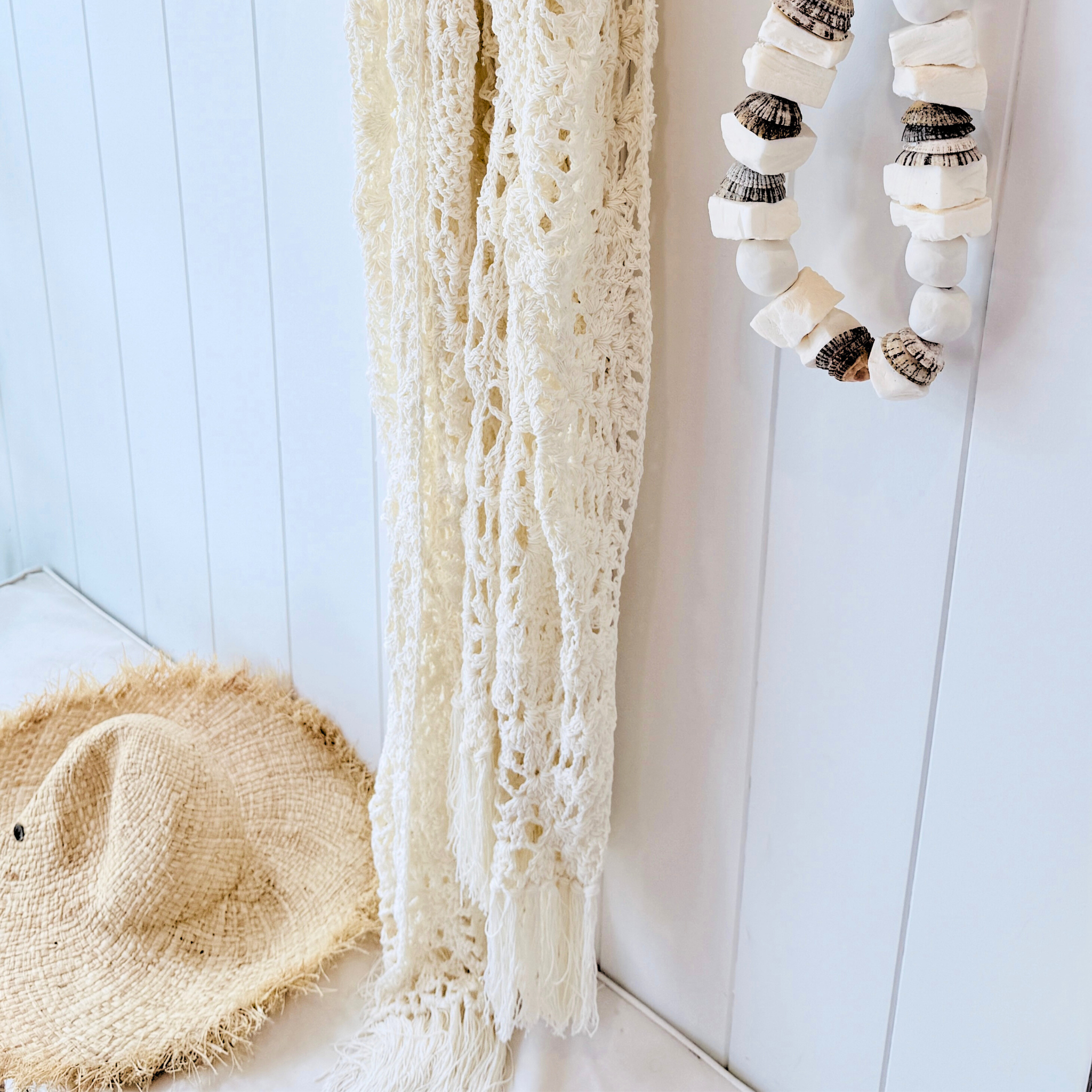 Crocheted cotton throw/bed runner - Ivory - New!