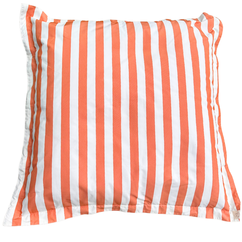 A large floating pool cushion with orange and white vertical stripes.