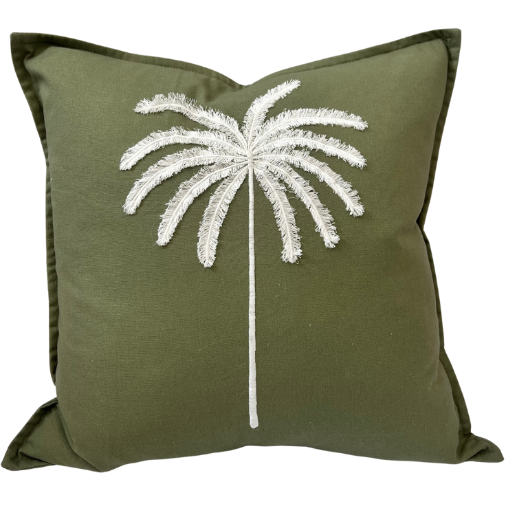 A square-shaped cushion cover with a tufted embroidered palm design in a sage green color.