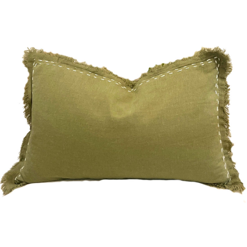 A sage green linen cushion cover with cotton stitching and frayed edges.