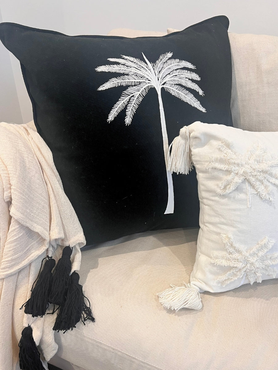 Grand Palm Cushion - White Palm on Black