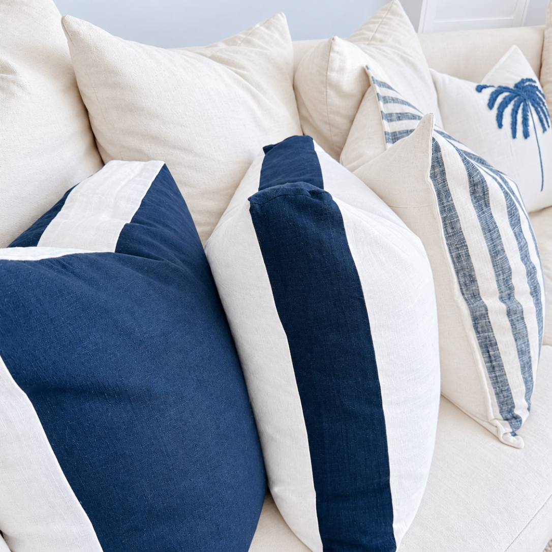 Palma Cushion Cover - Blue on Ivory