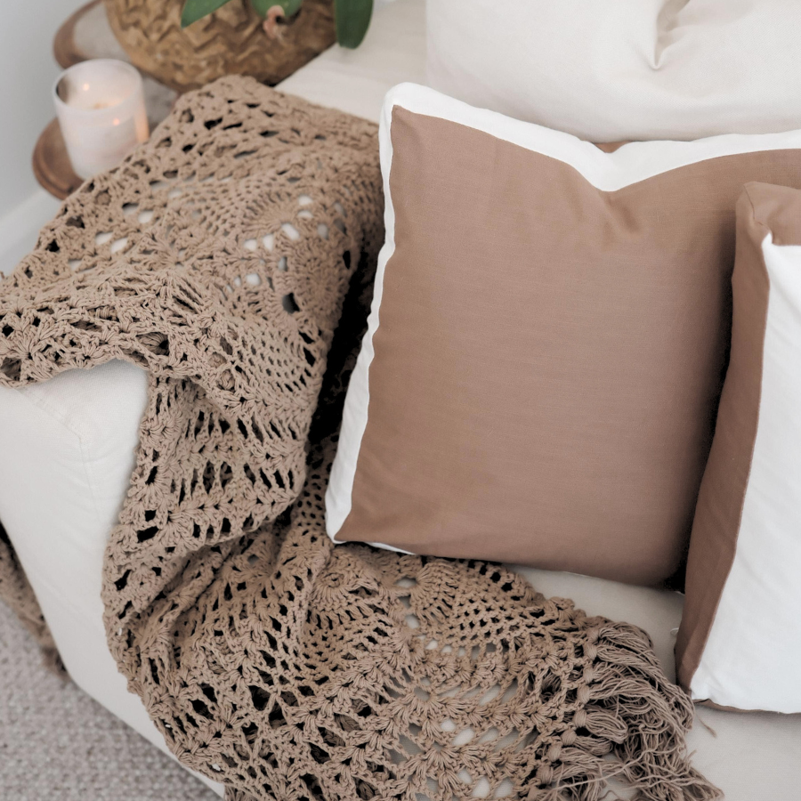Cozy living room scene with cushion, a blanket, and a plant on a white couch.