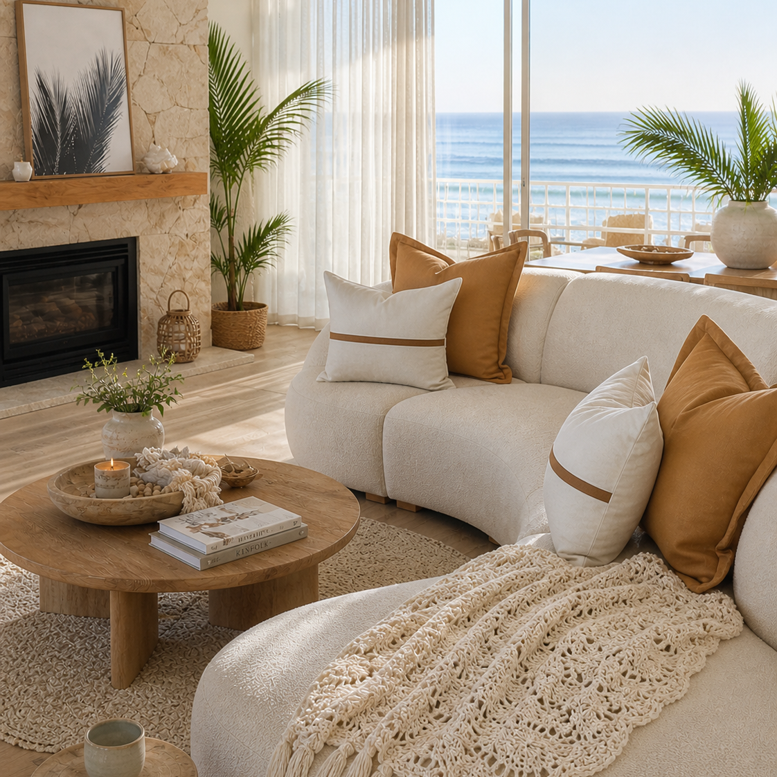 Modern coastal living room styled with cinnamon and striped white linen cushions, a crocheted throw blanket, and ocean views.