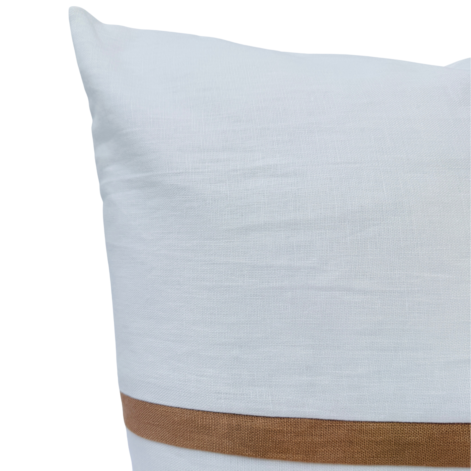 White cushion with a brown band on a white background