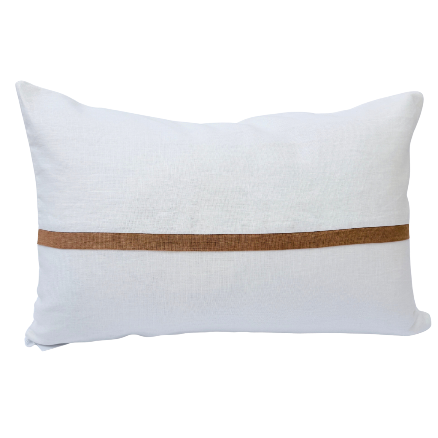White cushion with a brown band.