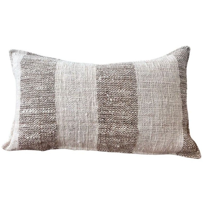 Rectangular cushion with brown and white stripe. 