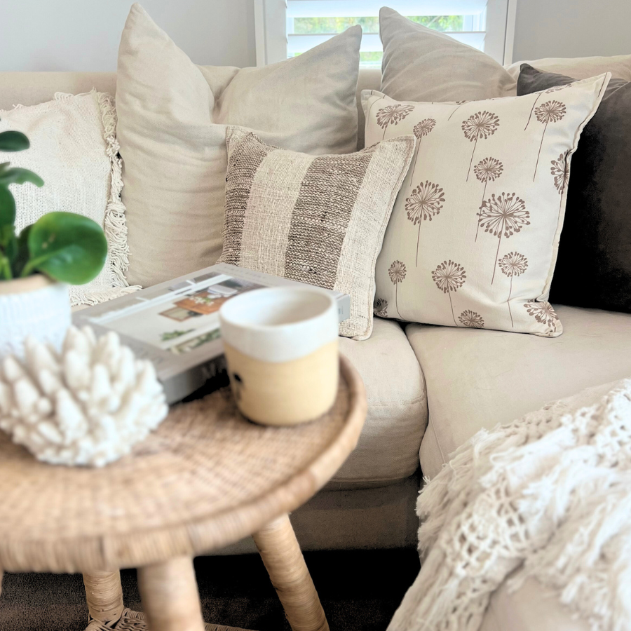 Cushions on a sofa with blanket and plant.