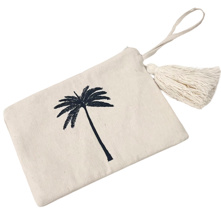 Coastal pouch accessory with white tassel and black embroidered palm