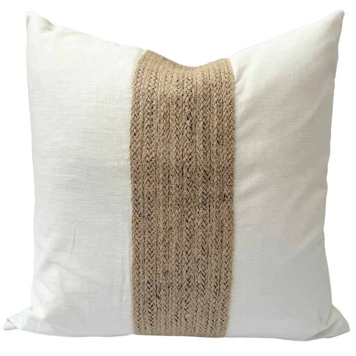 White cushion with a brown woven strip.