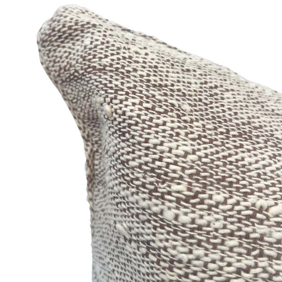 60cm x 40cm textured cotton cushion handwoven fabric in a brown and ivory weave