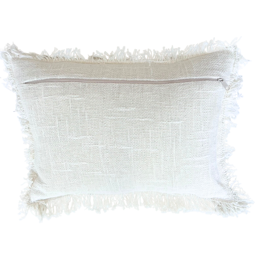 White decorative cushion with zipper.