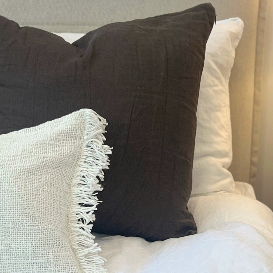 Three cushions on a bed.
