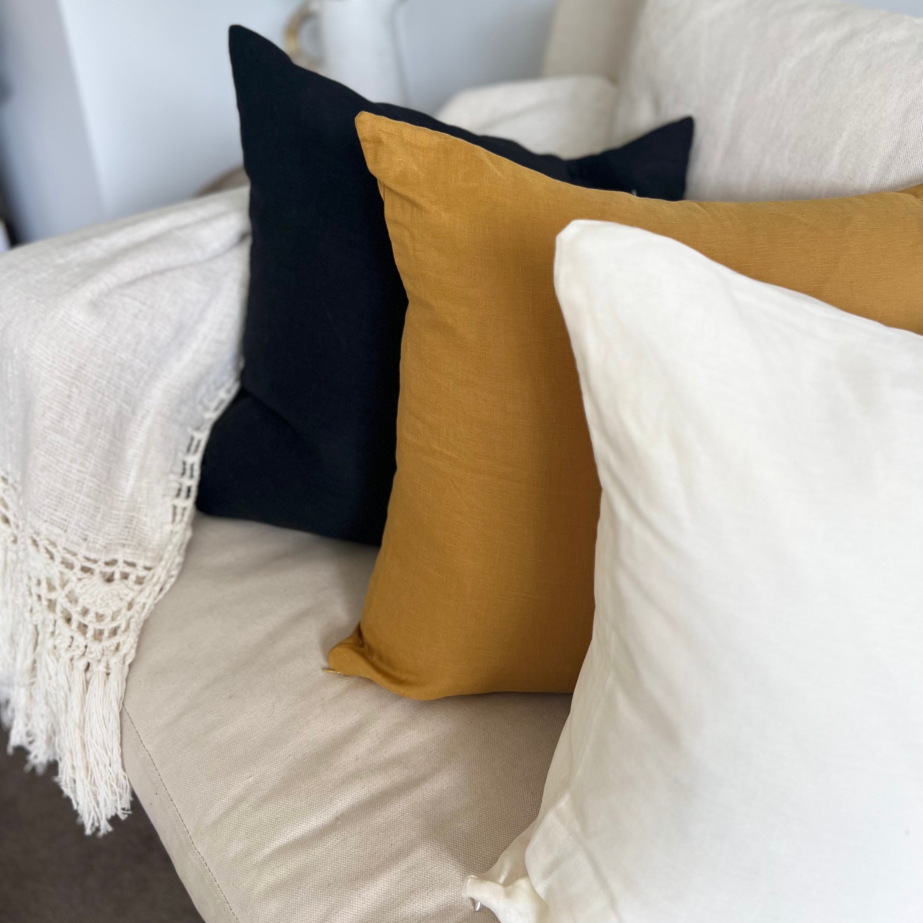 Cushions on a sofa with plant decor.
