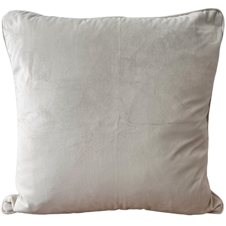 A square-shaped luxury velvet throw cushion with a beige color scheme, featuring invisible zips and piped edges.