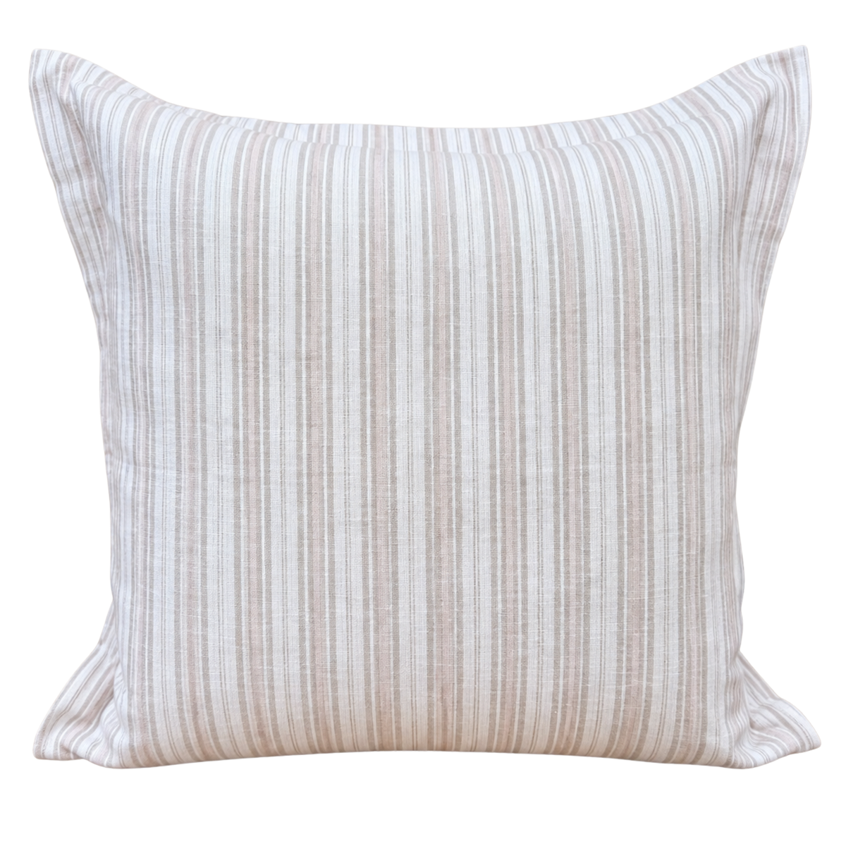 Square beige and white thin-striped linen throw cushion cover with flange edging.