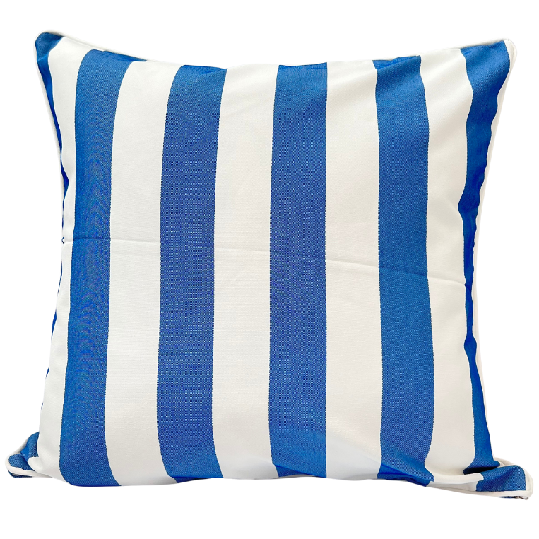 A square outdoor cushion with a blue and white striped pattern and white piping.