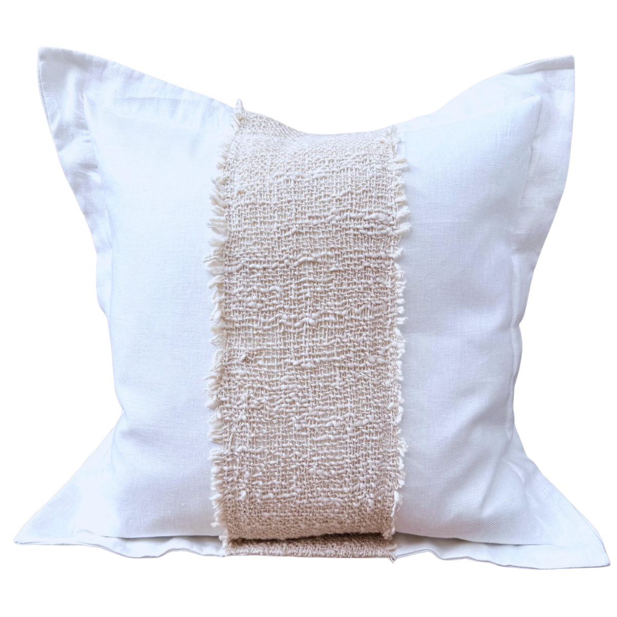 Square white linen throw cushion cover with a vertical beige woven center stripe and fringed trim.