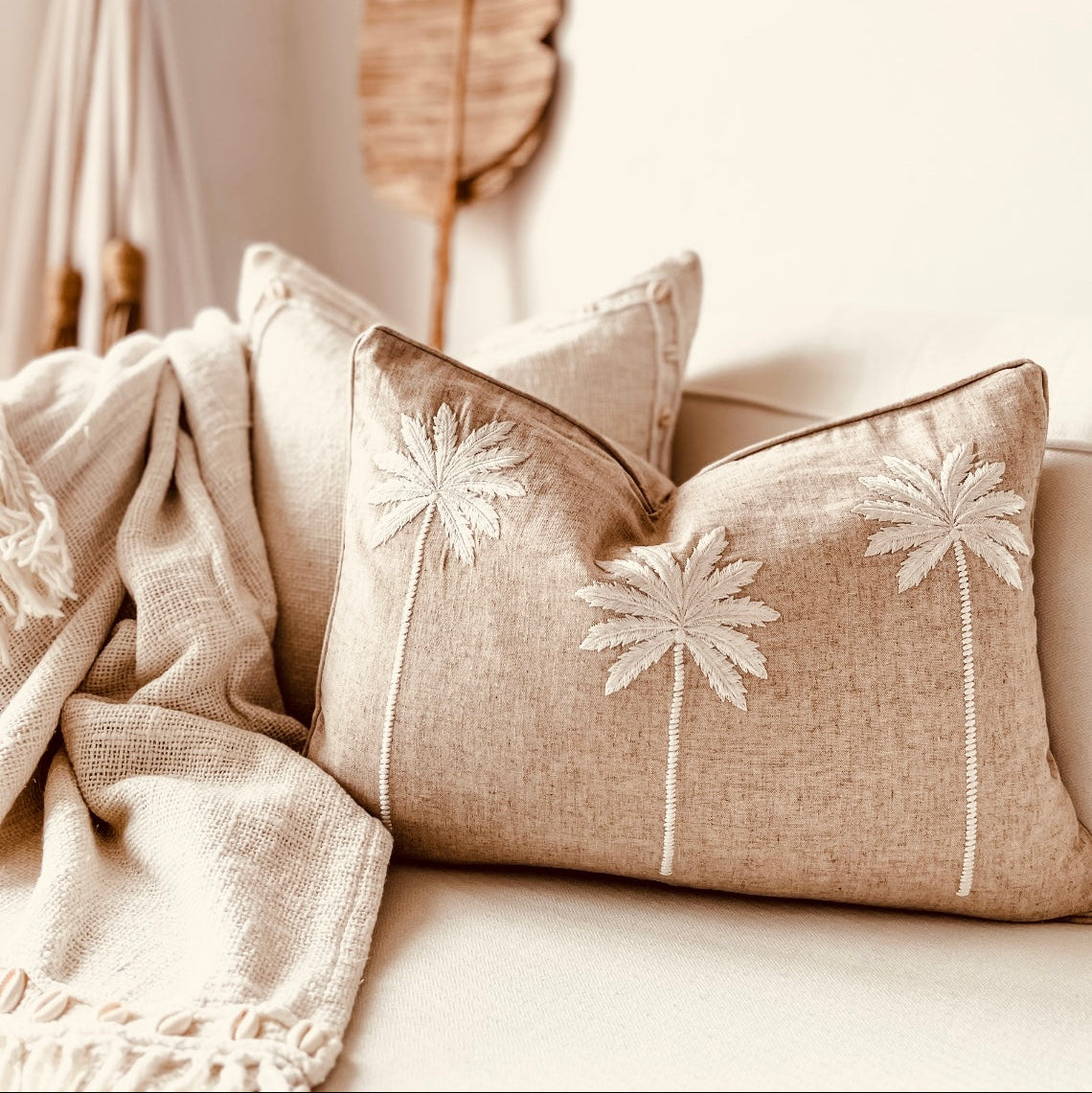 Decorative cushions on a sofa.