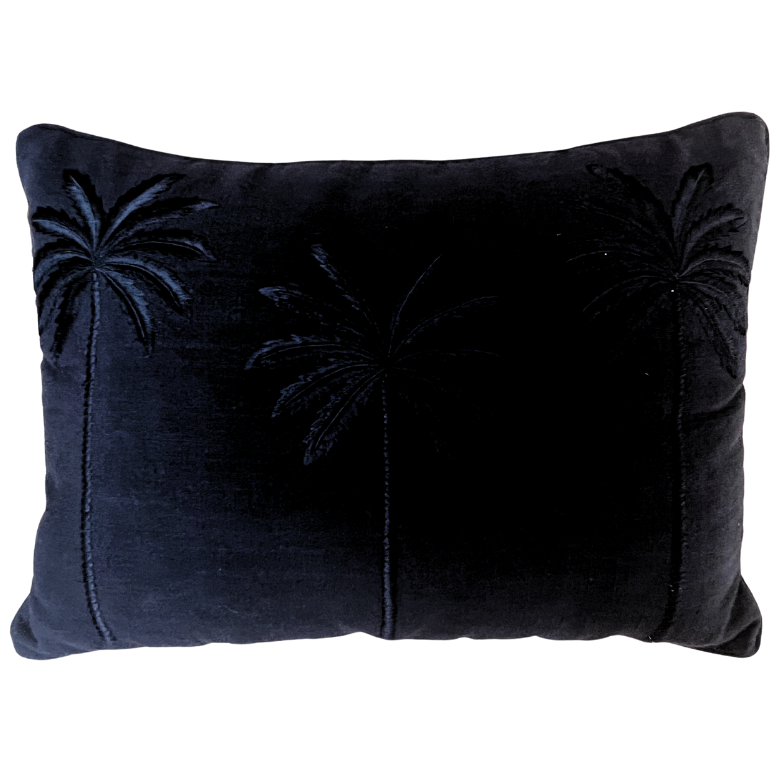 Rectangle black cushion with palm tree design. 