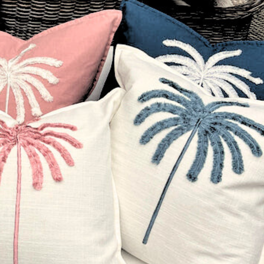 4 cushion with palm tree decor.
