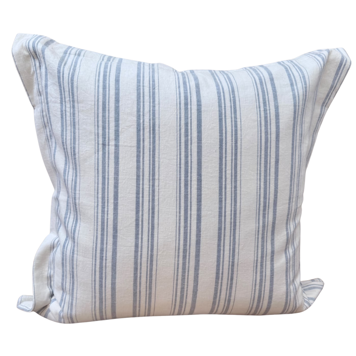 Square blue and white vertical striped linen throw cushion cover with flange edging.
