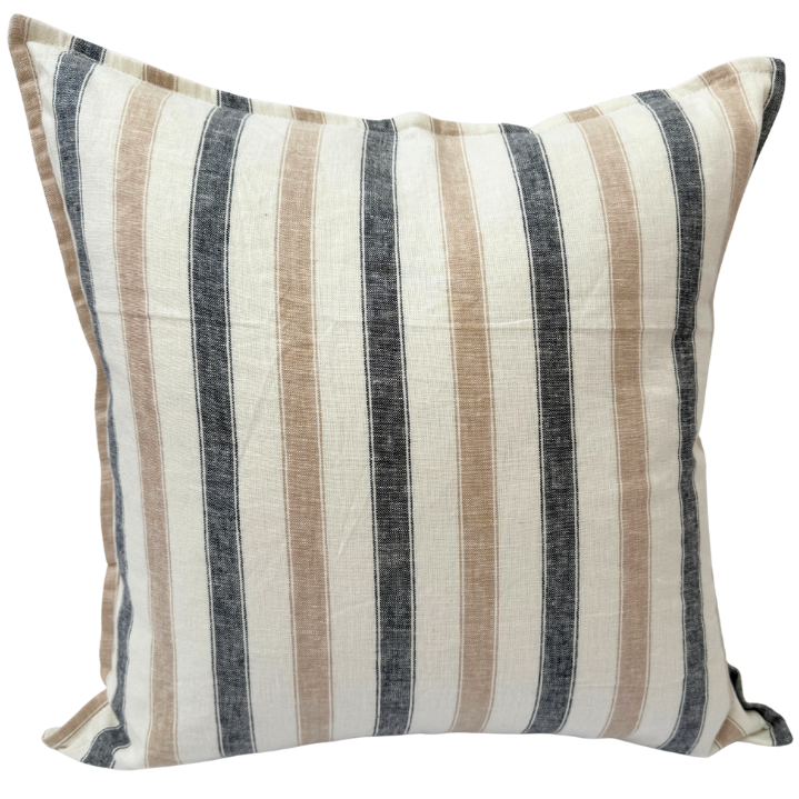Striped cushion with beige, brown, and blue colors.