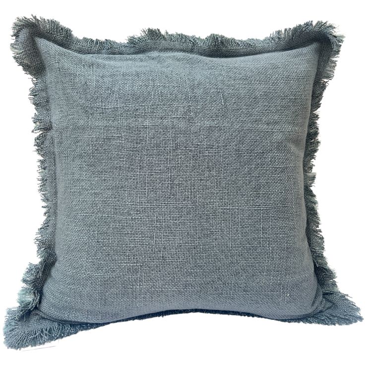 A large square-shaped cushion in ocean blue color with fringed edges.