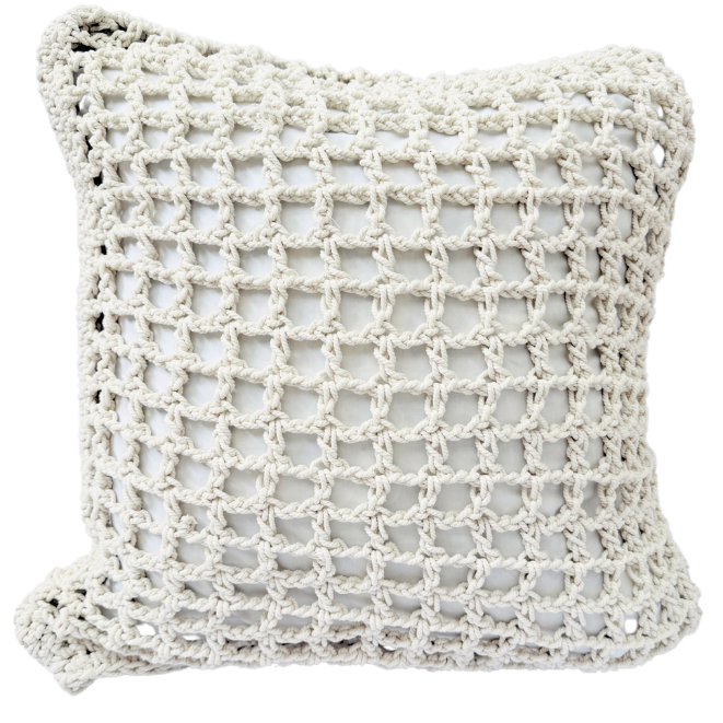 Textured cushion with a woven pattern.
