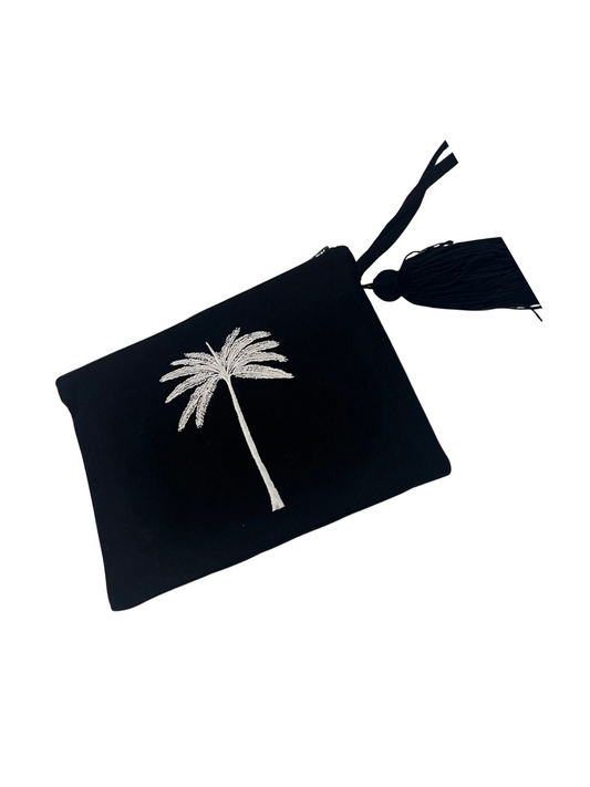 Coastal pouch accessory with black tassel and white embroidered palm