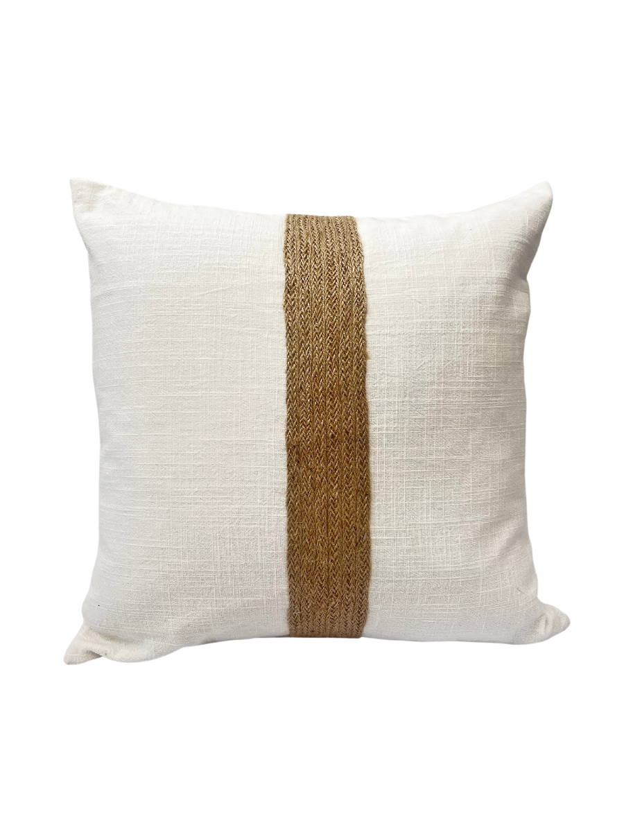 Square natural white linen cushion with raffia detail