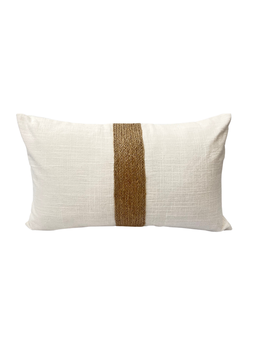 Rectangular natural white linen cushion with raffia detail