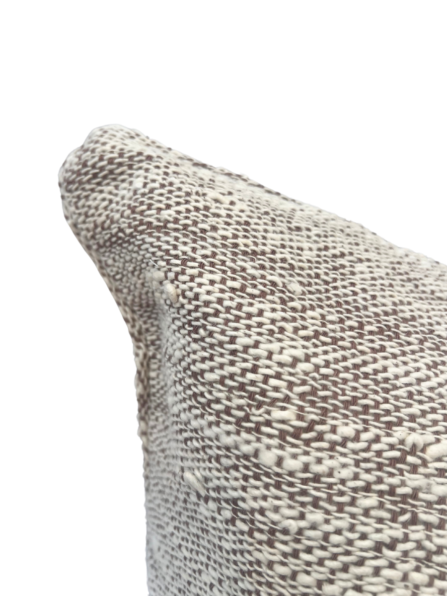 60cm x 40cm textured cotton cushion handwoven fabric in a brown and ivory weave