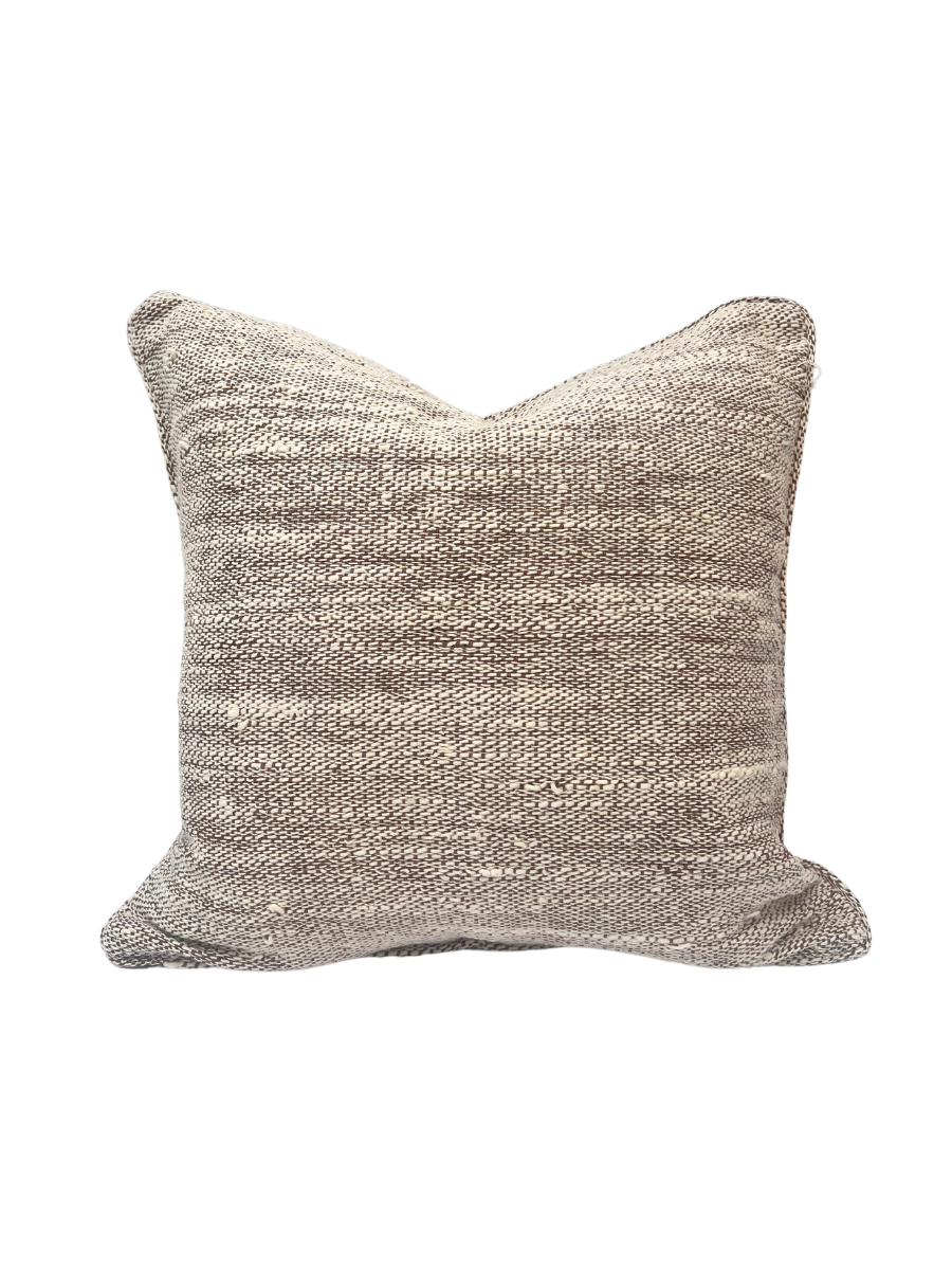 60cm x 40cm textured cotton cushion handwoven fabric in a brown and ivory weave
