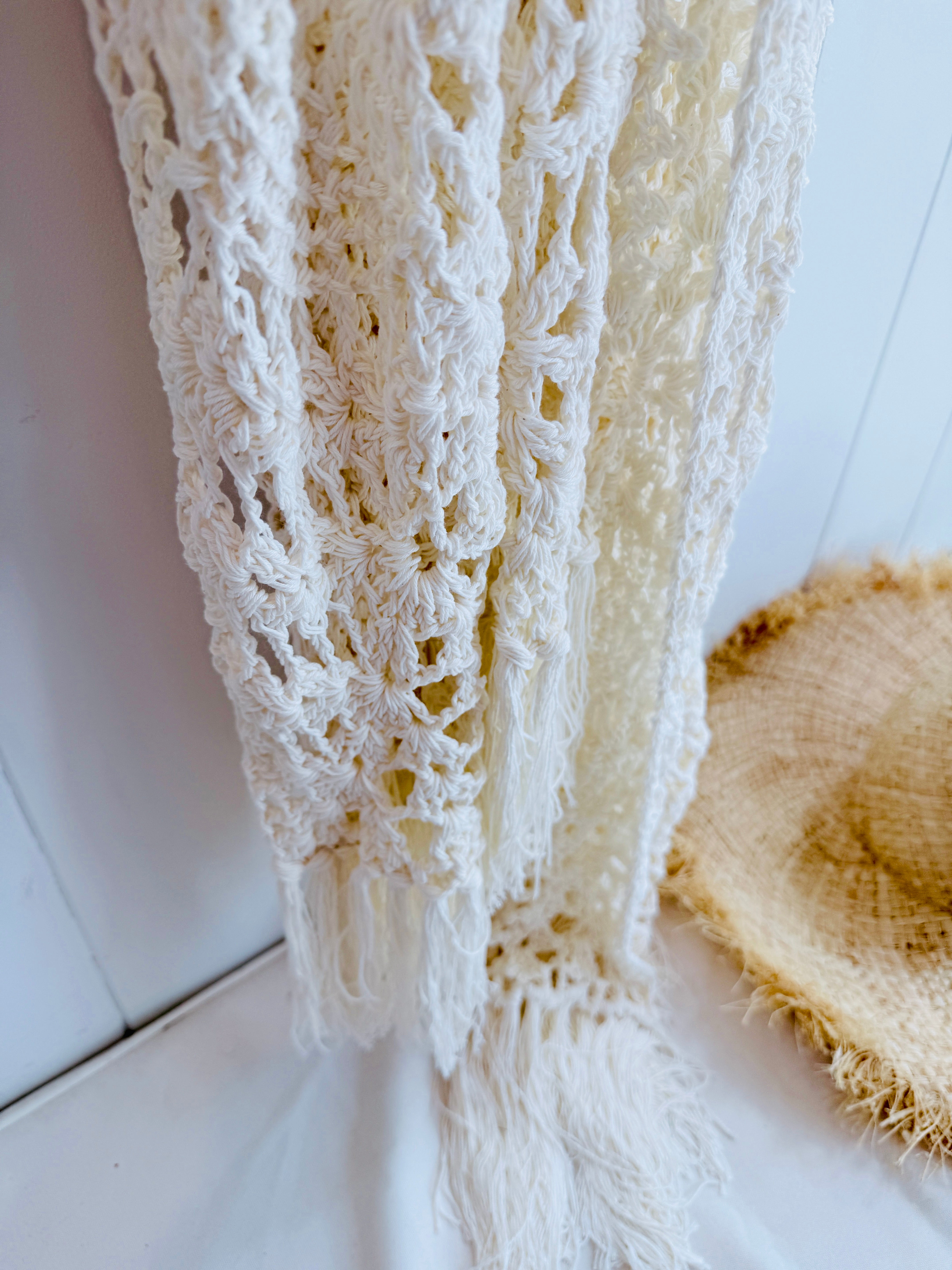 Crocheted cotton throw/bed runner - Ivory - New!