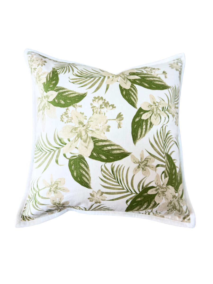 Green floral spring coastal style linen cushion