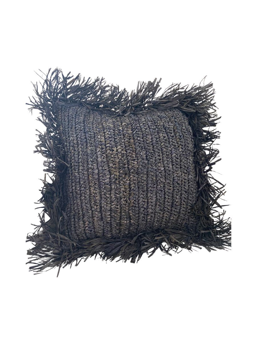 Woven Raffia Cushion - Black/Charcoal